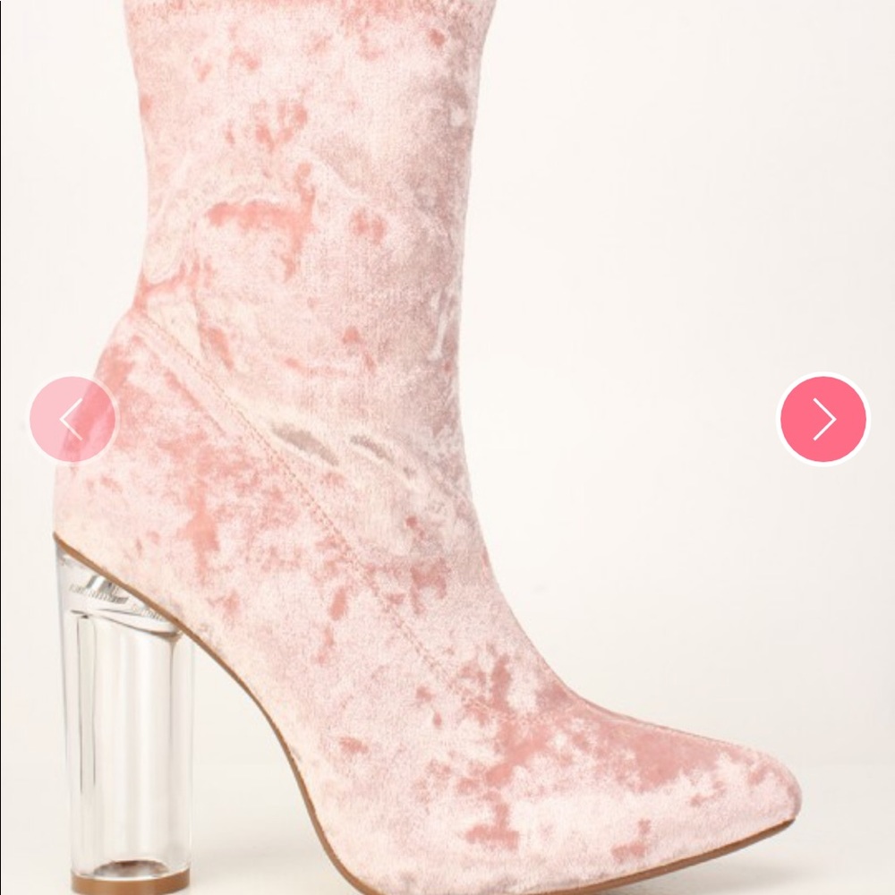 Pink crushed velvet heeled booties
